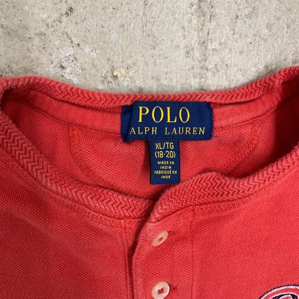 Polo Ralph Lauren Shirt Boys XL 18-20 Red Henley Spell Out Logo Kids Youth